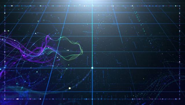 Pulsing neon grid with cyan node and flowing purple waveform crossing virtual plane