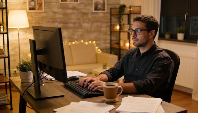 Late-night remote worker at cozy home desk typing on computer with coffee and paperwork