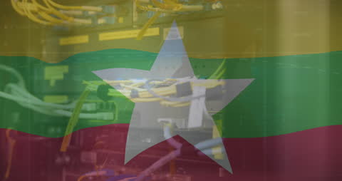 Myanmar Flag Overlaid on Server Room Graphics