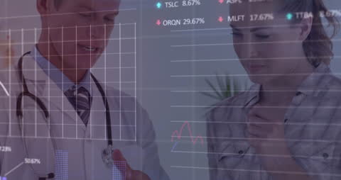 Medical Professionals Analyzing Healthcare Data Overlaid with Financial Graphs