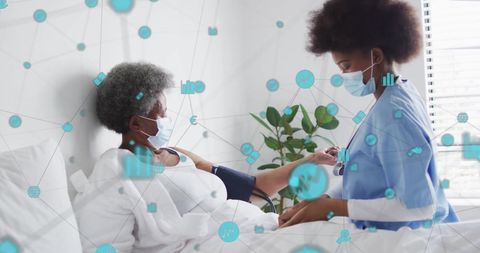 African Nurse Treating Elderly Patient with Tech Overlay