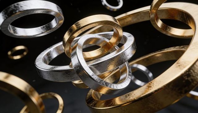 Interlocked Gold and Silver Rings Rotating in Dark Void with Textured Metallic Finish