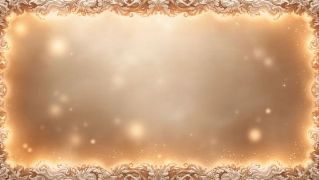 Gilded baroque frame surrounding glowing parchment panel with soft bokeh background