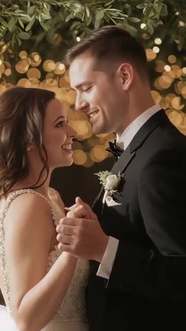 Vertical wedding video showing newlyweds dancing in close embrace under warm bokeh lights