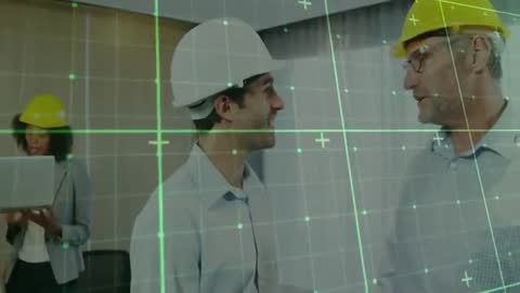 Engineers Collaborating with Digital Blueprint Technology Overlay