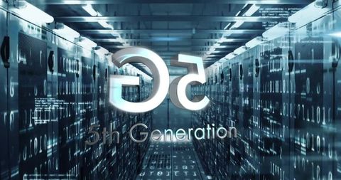Glowing 5G Icon in Futuristic Data Center with Binary Code