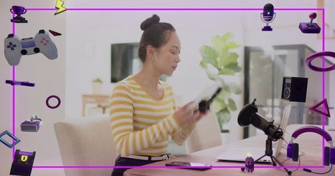 Streamer preparing podcast setup at home with microphone and headphones for live recording
