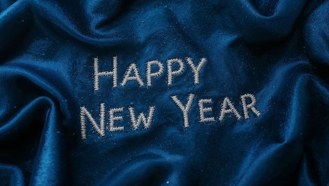 Happy New Year Embroidery on Navy Satin with Silver Glitter, Luxurious Holiday Texture