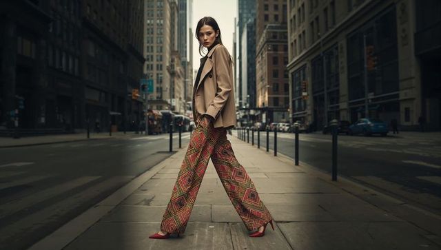 Confident model strolling across city street with urban elegance