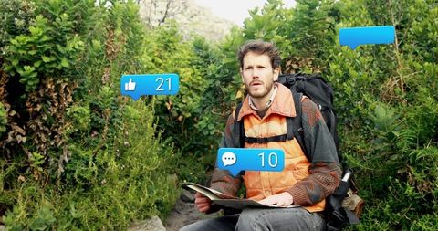 Hiker navigating wilderness with social media integration