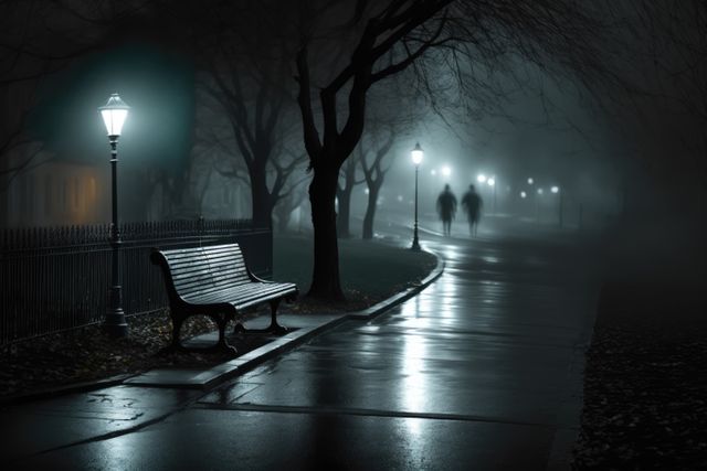 Bench in park with street lamp on dark misty rainy night, created using generative ai technology. Park, mist and rain concept digitally generated image.