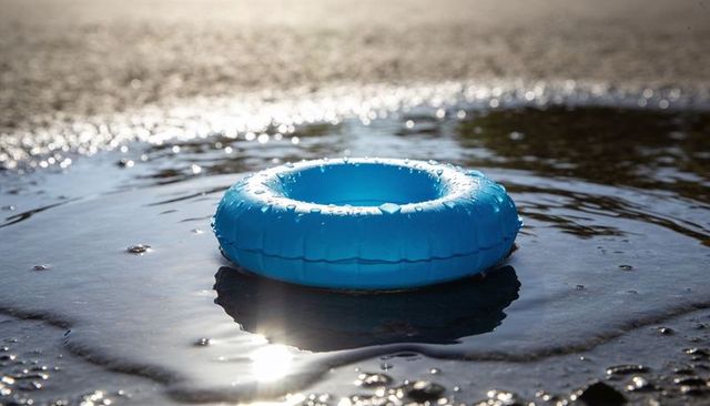 Floating blue inner tube with water droplets and sun reflection on shallow beach puddle