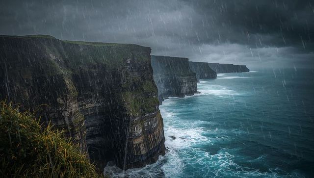 Dramatic sea cliffs in atmospheric rainy weather