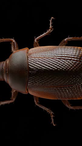 Vertical macro video showcasing brown beetle elytra close-up under studio lighting for research