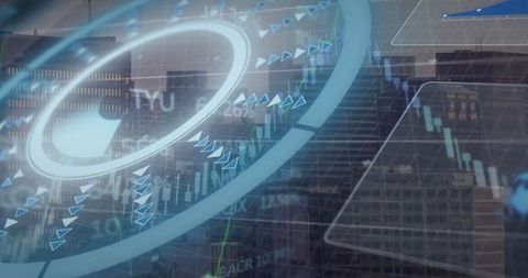 Finance and Technology Concept with Trading Icons over Urban Skyline