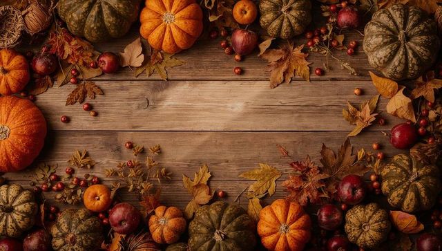 Autumn harvest border with pumpkins gourds and apples on rustic wooden plank background