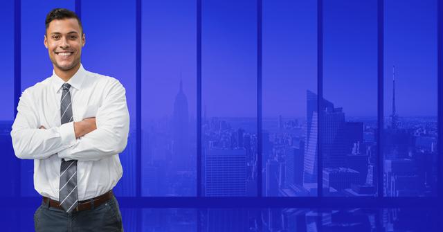 Confident Businessman Standing with Arms Crossed Against Cityscape - Download Free Stock Photos Pikwizard.com
