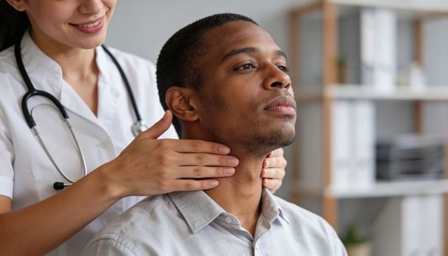 Clinician palpating neck of black male patient during routine medical exam in clinic room