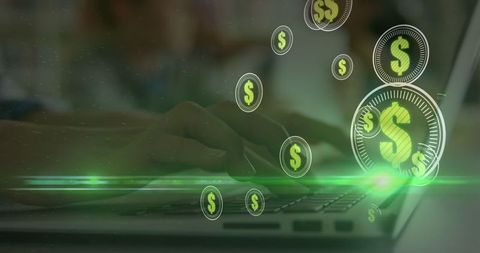 Digital currency concept with hands on laptop keyboard