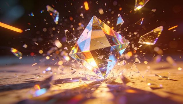 Shattering cut crystal prism exploding into glowing shards casting blue orange caustics