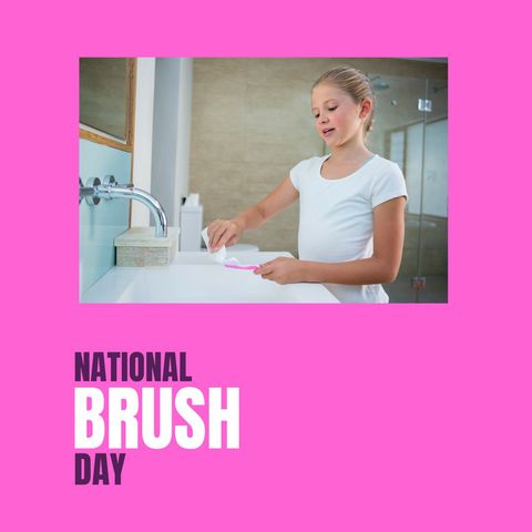 smiling caucasian girl brushing teeth for national brush day - Download Free Stock Templates Pikwizard.com