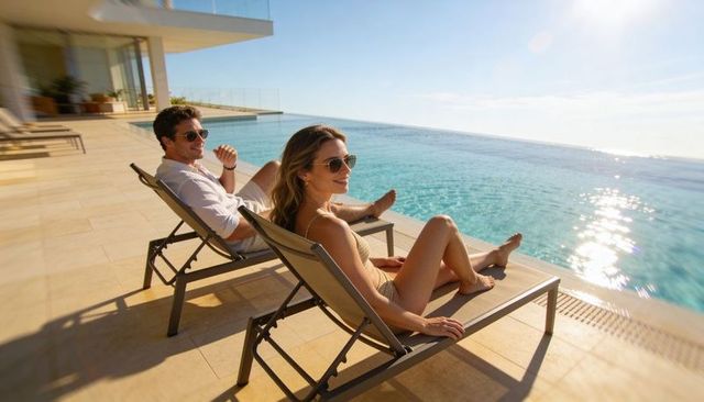 Couple relaxing on infinity pool terrace overlooking turquoise ocean and sunny horizon