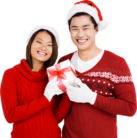 Smiling Couple in Transparent Christmas Outfits Holding Gift