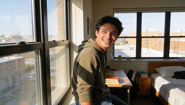 Smiling college student sitting on windowsill in sunlit dorm room with study desk