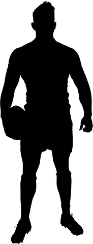 Transparent athlete holding rugby ball in studio setting