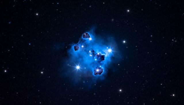 Glowing compact blue nebula with bright stars, dust knots and gas cloud