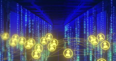 Neon network of connected user nodes flowing through digital data tunnel with code streams