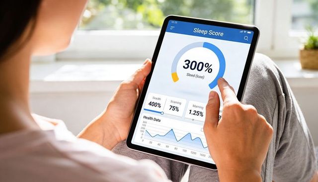 Woman Tapping Tablet Monitoring Sleep Metrics on Sofa in Daylight