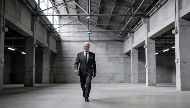 Senior executive walking through industrial warehouse conveying leadership authority