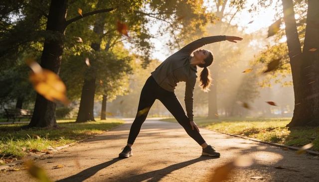 Morning stretching in autumn park under golden sunbeams, woman exercising outdoors