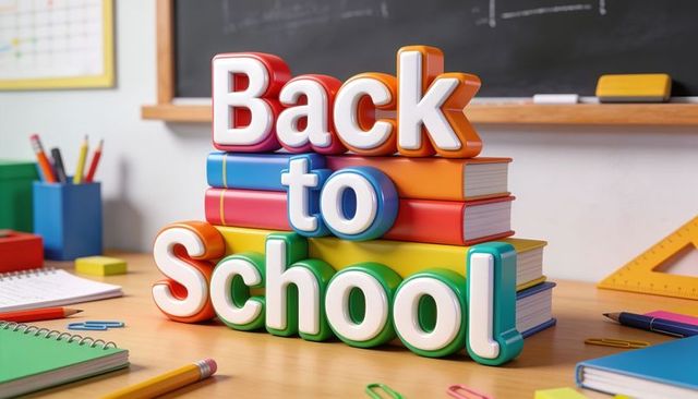 Colorful 3d back to school letters stacked on books at classroom desk with chalkboard