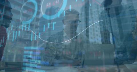 Team Collaboration in Modern Office with Data Overlay