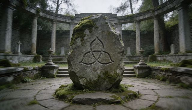 Moss-covered monolith bearing carved triquetra in circular colonnade, misty woodland shrine
