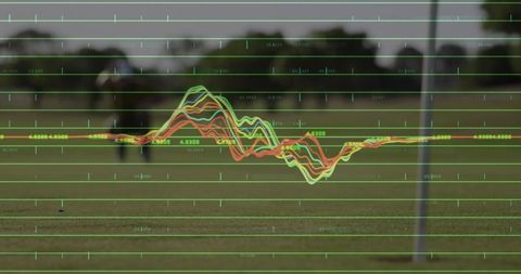 Bowling on grass field with data visualization and analytics overlay