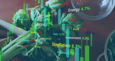 Digital financial graphics overlaid on fresh vegetables concept