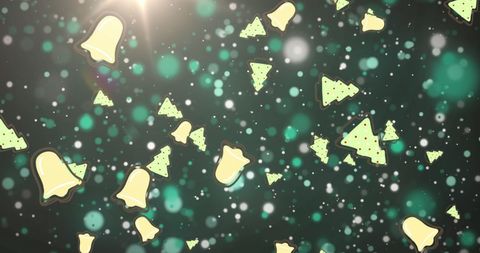 Festive Christmas Bells and Trees Against Twinkling Light Backdrop