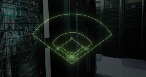 Futuristic Sports Technology Interface Overlaying Server Room