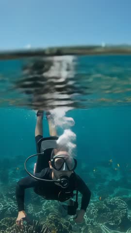 Vertical scuba diving video exhaling bubbles exploring coral reef under sailboat horizon