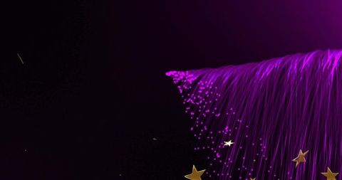 Streaming purple fiber filaments with magenta glow and gold star confetti on dark backdrop