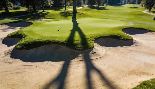 Sunlit island green casting long tree shadows over raked sand bunkers on golf course