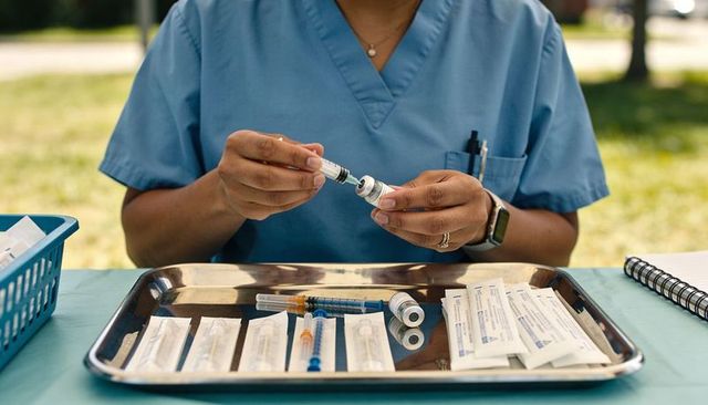 Nurse preparing vaccine outdoors drawing medicine into syringe at community clinic table