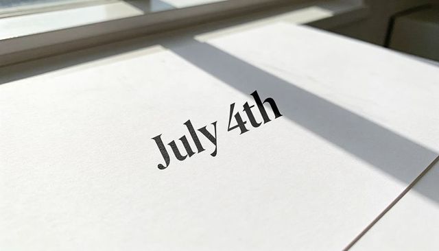 Minimal July 4th Typography on White Paper with Diagonal Sunlight Shadow for Holiday Design