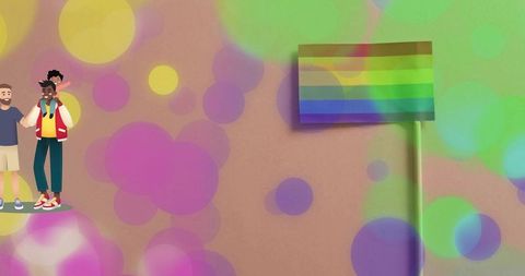 Waving rainbow pride flag with diverse family and colorful bokeh background for copy space