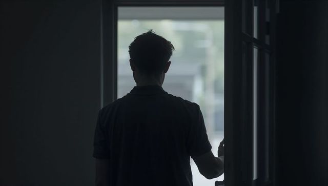 Backlit silhouette standing in doorway blocking light, moody interior storytelling moment