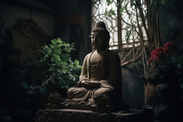 Elegant Buddha statue in a tranquil room with soft natural light. Surrounded by lush indoor plants, the serene ambiance promotes spirituality and meditation. Ideal for use in articles or imagery discussing meditation, zen, peace, interiors, spiritual decor, or wellness.