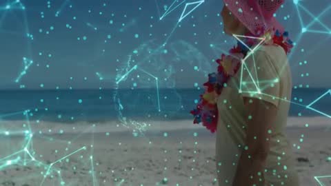 Futuristic Network Overlay Beach Scene with Contemplative Woman in Hat